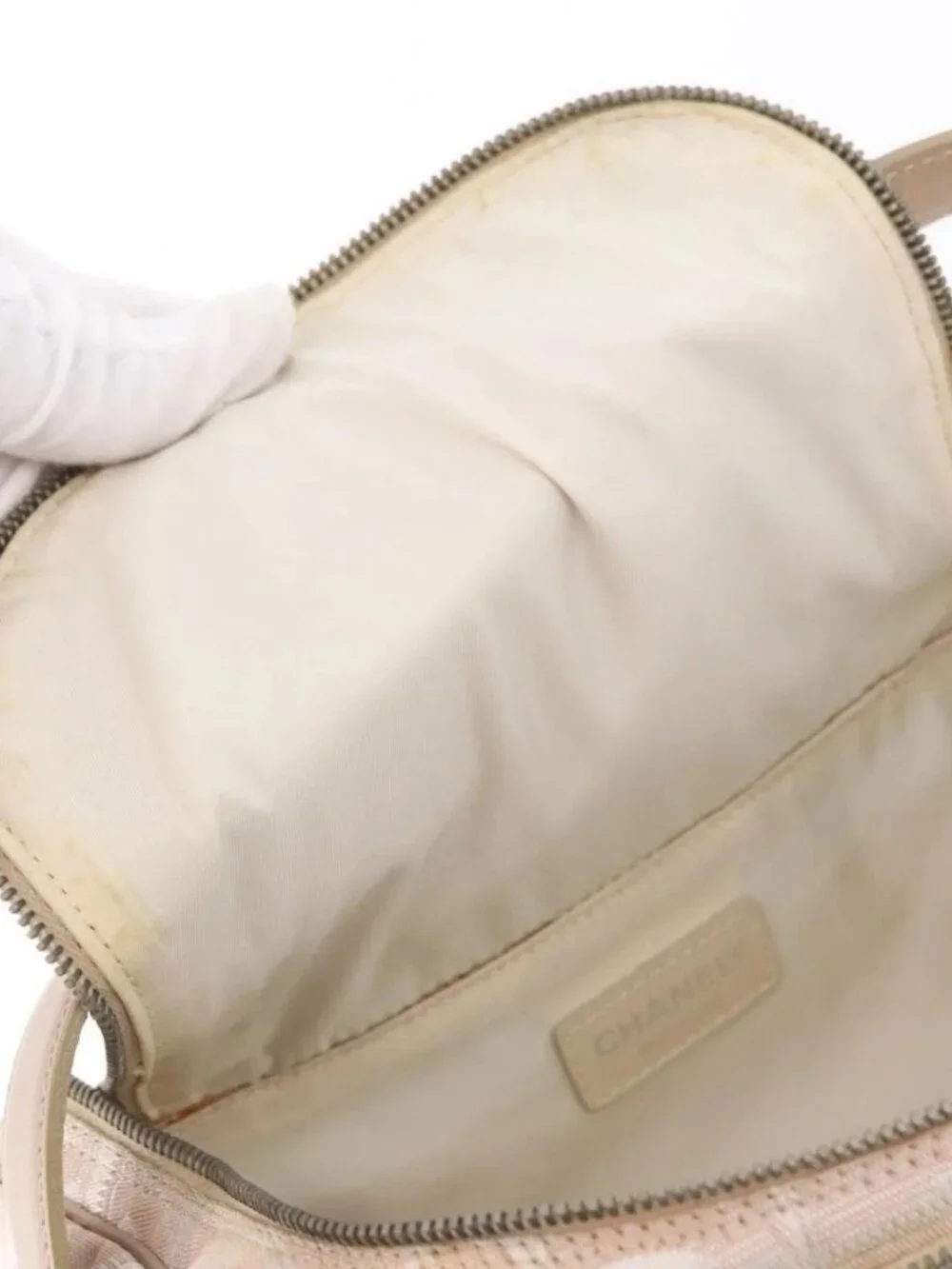 CHANEL New Travel Line Hand Bag Canvas Beige Silver CC Auth 183877